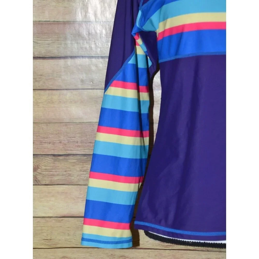 Women’s Long Sleeve Rash Guard Bikini Set in Purple with Multi-Color Stripes